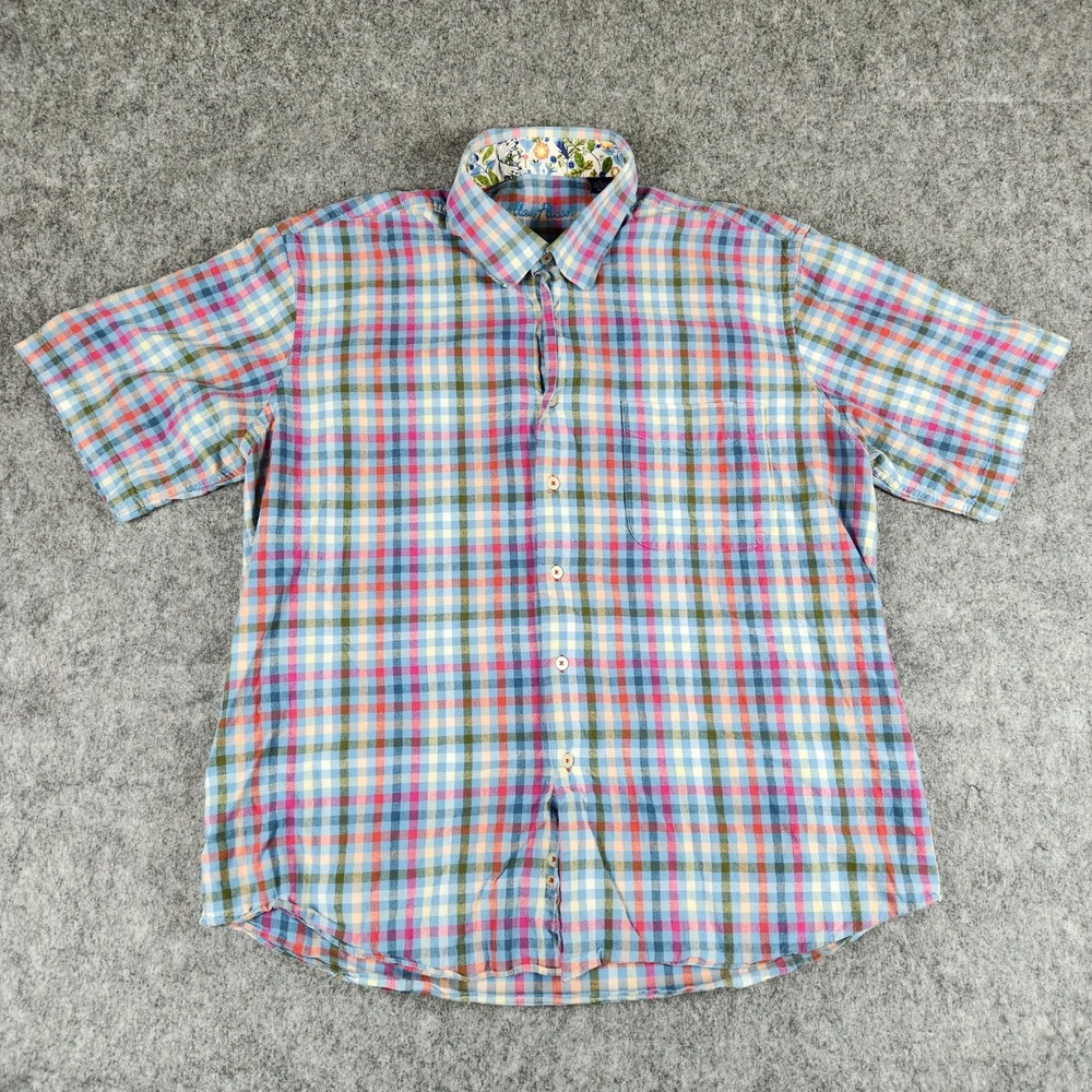 Alan Flusser Button Down Shirt Men‎ XL Blue Plaid Short Sleeve Floral Casual